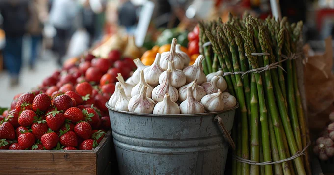 A market stall displays a variety of fresh produce, including a metal bucket filled with garlic bulbs, a bunch of asparagus, and ripe strawberries in a wooden crate. The background is softly blurred, suggesting a bustling market environment.