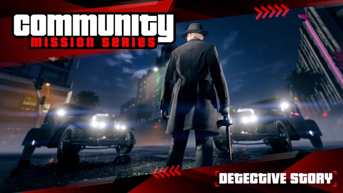 Community Mission Series poster featuring a GTA Online character holding an automatic weapon while standing in the headlights of two vehicles. Text reads: Detective Story.