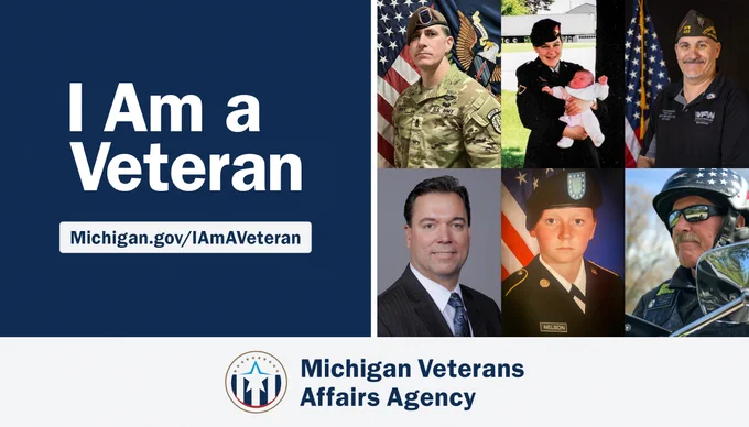 Four male and two female veterans representing various branches of the military. Text: I Am a Veteran. Michigan.gov/IAmAVeteran. With the Michigan Veterans Affairs Agency logo.
