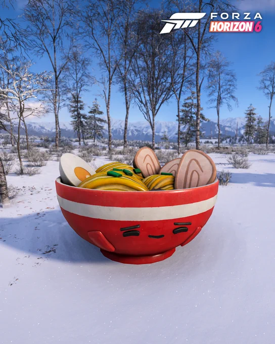 The Ramen Mascot surrounded by snow in Forza Horizon 6.