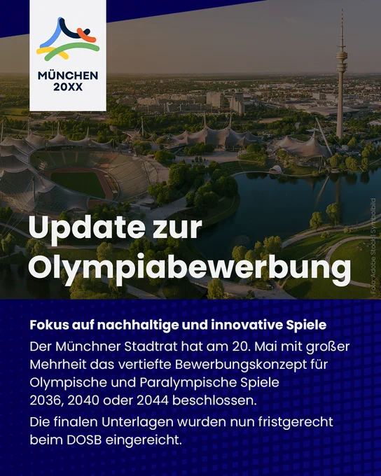 Infografik zur Münchner Olympiabewerbung mit Logo, Luftbild des Olympiaparks und Text zu nachhaltigen, innovativen Spielen bei einer Bewerbung für die Jahre 2036, 2040 oder 2044.