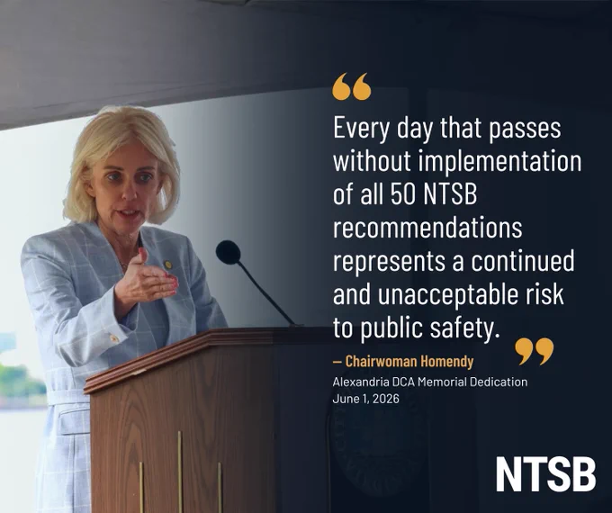 A person at a podium is speaking at an event. A quote is displayed beside them: "Every day that passes without implementation of all 50 NTSB recommendations represents a continued and unacceptable risk to public safety." The name "Chairwoman Homendy" and the event details "Alexandria DCA Memorial Dedication, June 1, 2026" are included. The NTSB logo is visible in the corner.