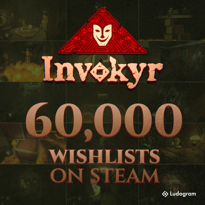Promotional image for Invokyr celebrating 60,000 Steam wishlists, featuring the game logo over a dark collage of eerie in-game scenes.