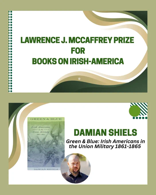 Graphic announcing the Lawrence J. McCaffrey Prize for Books on Irish-America, featuring Damian Shiels and his book, "Green & Blue."