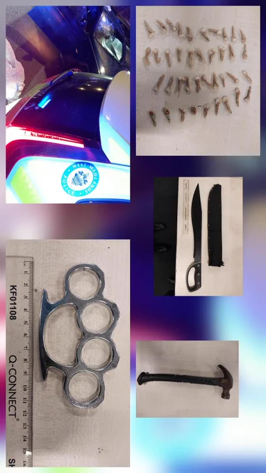 Collage of police evidence: West Midlands Police vehicle, suspected drugs, knife, brass knuckles, and a hammer.