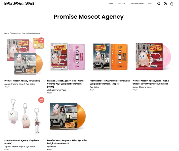 A screenshot of the Black Screen Records website, showing a selection of brightly coloured Promise Mascot Agency vinyls, keyrings and cassette tapes.