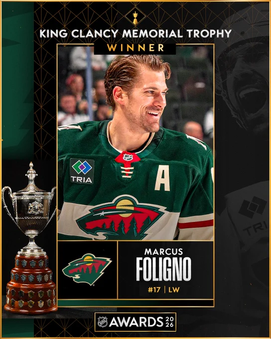 Photo of Marcus Foligno next to the King Clancy Memorial Trophy and text that reads, \"King Clancy Memorial Trophy winner - Marcus Foligno, Minnesota Wild No. 17, left wing\".