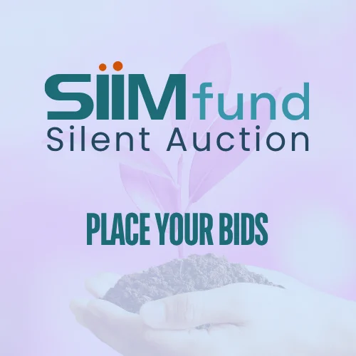 A promotional graphic for the SIIM Fund Silent Auction encouraging people to place their bids. The image features a minimalist design with a plant and hands holding soil, promoting growth and support.