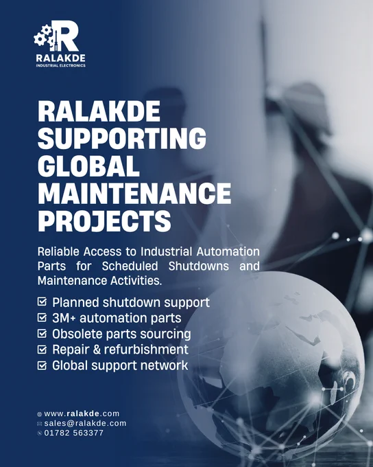 Promotional flyer highlighting Ralakde's global support for planned maintenance projects, featuring industrial automation parts sourcing, critical spares, repair services, and shutdown support for manufacturers worldwide.