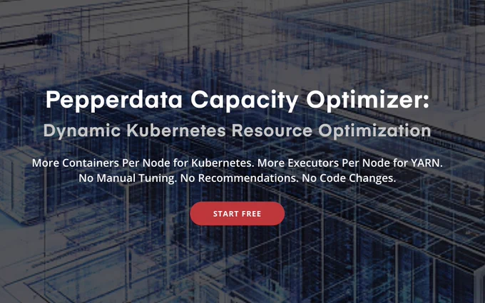 A graphic with the words: Pepperdata Capacity Optimizer:
Dynamic Kubernetes Resource Optimization. More Containers Per Node for Kubernetes. More Executors Per Node for YARN. No Manual Tuning. No Recommendations. No Code Changes. START FREE.