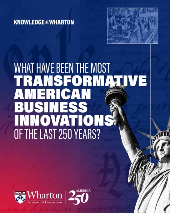 Cover image for "Knowledge at Wharton" featuring the Statue of Liberty's torch and an architectural detail. Text reads, "What have been the most transformative American business innovations of the last 250 years?" Includes logos for Wharton School, University of Pennsylvania, and America 250.