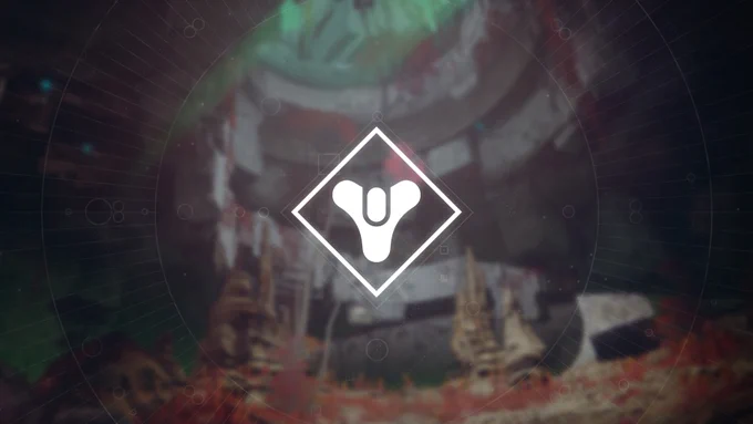 White Destiny tricorn emblem inside a diamond over a blurred grey and red Nessus landscape, with faint UI-style radials overlaying the image