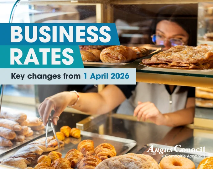 Business rates key changes from 1 April 2026 graphic overlay on a bakery display.