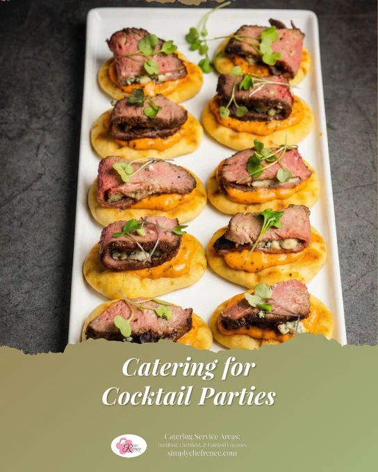 Elegant catering platter featuring gourmet steak appetizer bites layered on mini flatbreads with creamy chipotle sauce, sliced steak, and fresh microgreens. Promotional graphic for Simply Chef Renée cocktail party catering services in Hartford, Fairfield, and Litchfield Counties.”