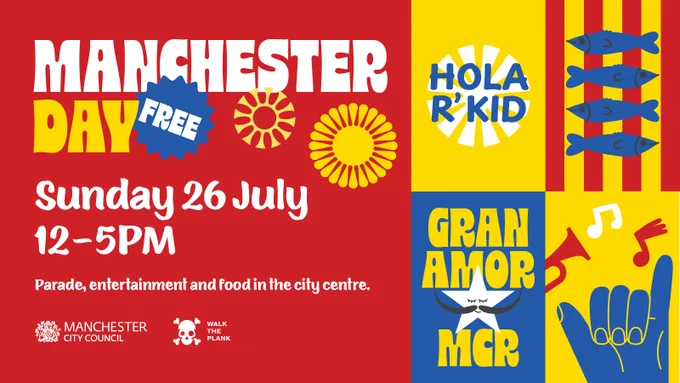 Bold, colourful graphic promoting Manchester Day. Large white and yellow text on a red background reads “Manchester Day” with a blue “free” badge, followed by “Sunday 26 July, 12–5pm” and “Parade, entertainment and food in the city centre.” On the right, Catalan-inspired blocks of red and yellow stripes feature blue fish, a “Hola R’Kid” sun motif, a moustached star with the words “Gran Amor MCR,” a trumpet with music notes, and a blue hand gesture. Manchester City Council and Walk the Plank logos appear at the bottom.