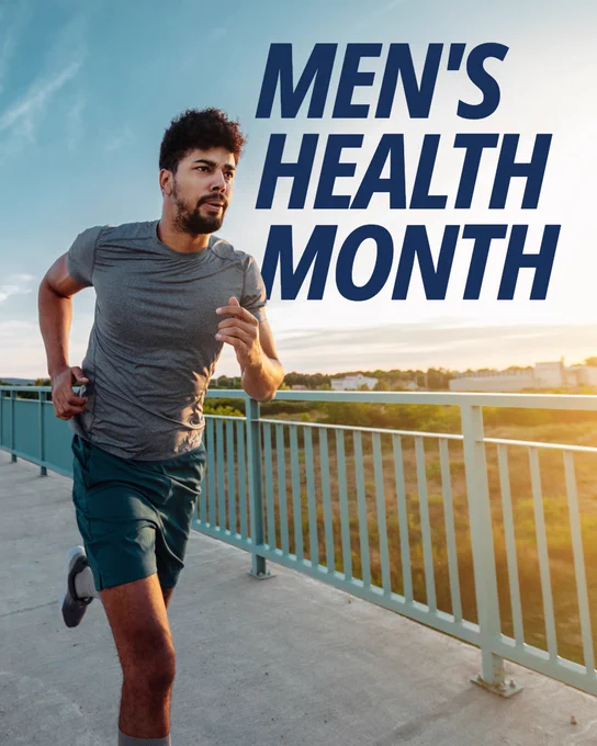 Promotional image for Men's Health Month featuring a person jogging on a bridge at sunset.