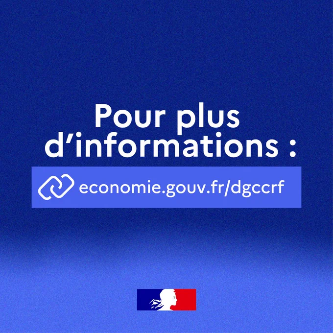 Texte blanc sur fond bleu indiquant "Pour plus d'informations : economie.gouv.fr/dgccrf" avec un lien stylisé. En bas, un logo républicain bleu, blanc, rouge.