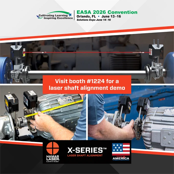 Trade show booth display for Hamar Laser X-Series laser shaft alignment at EASA 2026, featuring the demo setup and signage inviting attendees to visit Booth 1224 in Orlando, June 13 to 16.