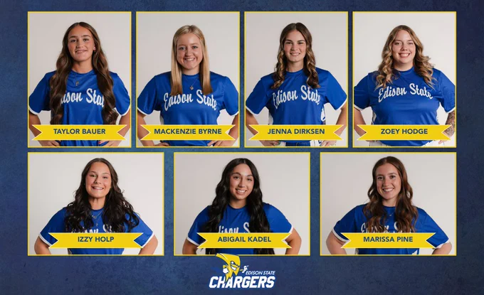 Seven softball players wearing blue Edison State jerseys posing for individual portraits with their names displayed below each photo.