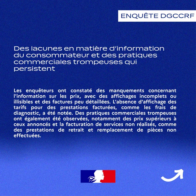 Affiche sur fond bleu avec le texte : "Enquête DGCCRF. Des lacunes en matière d’information du consommateur et des pratiques commerciales trompeuses qui persistent." Le texte détaille des manquements concernant l'affichage des prix et des pratiques commerciales trompeuses. Logo de la République française en bas et flèche blanche à droite.