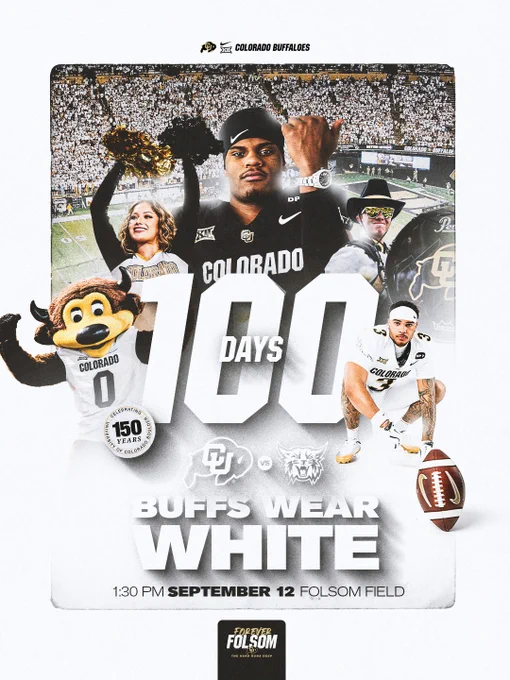 100 days to football's home opener 
Buffs wear white vs. Weber State 
1:30pm MT on Sept. 12 at Folsom Field 