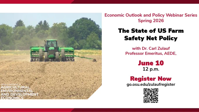 Promotional webinar graphic showing a green tractor planting crops in a brown farm field, with trees in the background. Text on the right reads: “Economic Outlook and Policy Webinar Series, Spring 2026. The State of US Farm Safety Net Policy, with Dr. Carl Zulauf, Professor Emeritus, AEDE. June 10, 12 p.m. Register Now: go.osu.edu/zulaufregister,” alongside a QR code. The bottom left includes “CFAES Department of Agricultural, Environmental and Development Economics.”