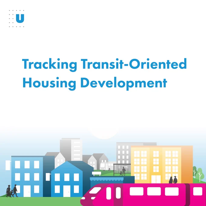 A graphic with the text "Tracking Transit-Oriented Housing Development" at the center. Below, there is an illustration of a cityscape featuring various buildings and a pink train in the foreground. The upper left corner has a logo with the letter "U".