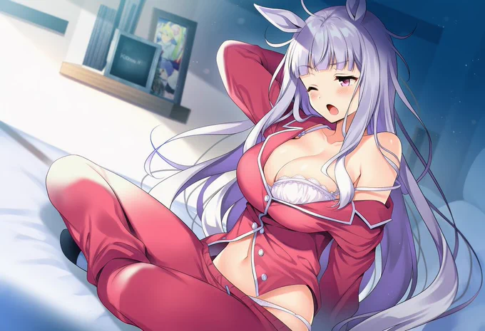 gold ship (umamusume), 1girl, solo, pajama, partially unbuttoned, partially pull down long pants, white bra peek, white panties slip, strap slip, single off shoulder, sitting, indian style, arched back, arm behind back, arm support, bedroom, on bed, looking away, messy hair, yawning, waking up, morning, dappled sunlight, from front, best quality, absurdres, ultra detailed, ultra hires, 8k, year 2025, soft-lines, soft-edged