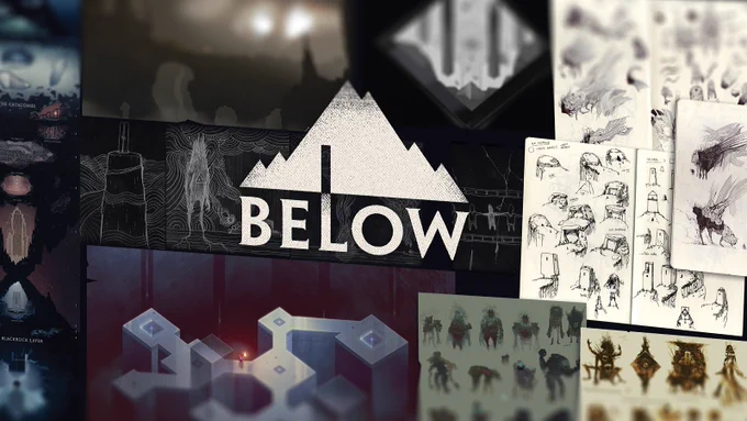 The image shows a poster in a slanted view, with some blur at the top and bottom of the image. It showcases various artwork, screenshots, and concept art from the game BELOW. The BELOW logo is in the middle of the image.