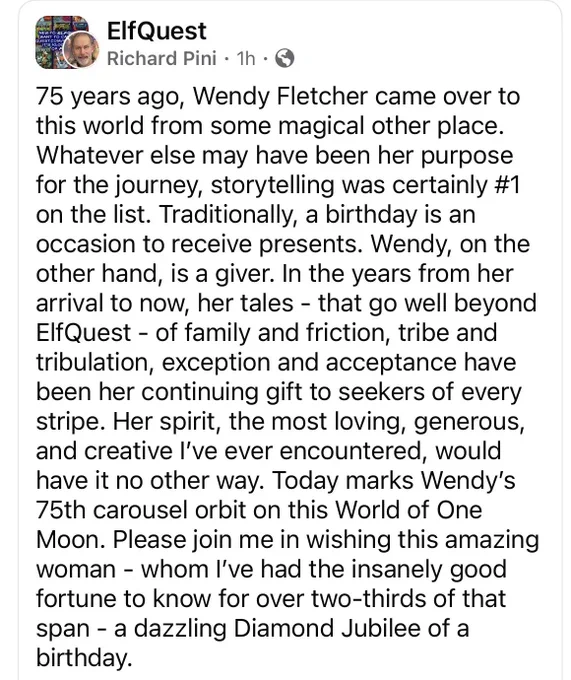 Some wonderful words from Richard Pini in celebration of Wendy Pini's 75th birthday today.