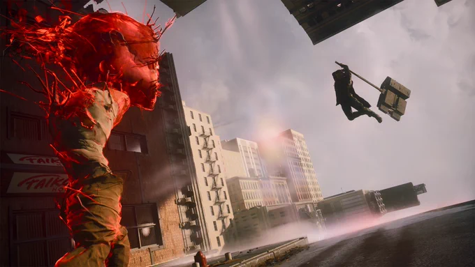 A screenshot from CONTROL Resonant. Dylan Faden mid-air wielding the Aberrant, ready to bring its hammer form down on enemies. In the foreground, a Hiss with a grotesque, bulbous head. In the background, Manhattan warped and folding in on itself.