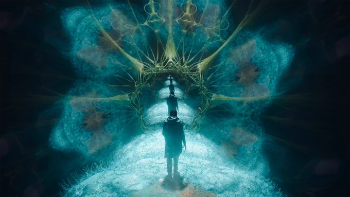 A screenshot from CONTROL Resonant. Dylan Faden walking along a path of mold. Around him there is a kaleidoscope of shapes, and he is duplicated over and over and over again into the distance.