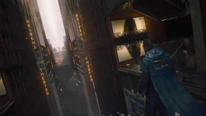 A screenshot from CONTROL Resonant. Dylan Faden stands facing a warped Manhattan street, where buildings seem to mirror each other and it is clear gravity and other laws of physics don't apply.