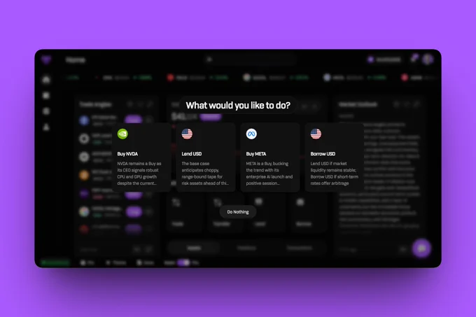 A dark-themed financial interface displays options to buy stocks, lend, or borrow USD, set against a vibrant purple background.