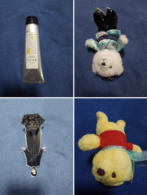 Photos of a tube of yuzu-scented hand cream, ANA bear, acrylic of Nova-kun, mini-Pooh-san, all upside down