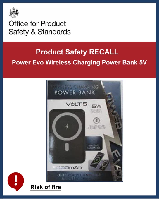 Image of Product Recall for Power Evo Wireless Charging Power Bank 5V. 