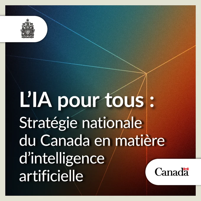 Un fond aux couleurs vives, sur lequel se détachent, à l’avant-plan, de fines lignes reliées entre elles formant un réseau géométrique. Texte : L’IA pour tous : la stratégie nationale du Canada en matière d’intelligence artificielle. 