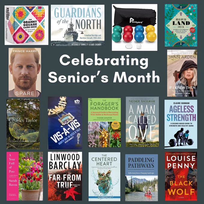 Celebrating Senior's Month post with a collage of games, card decks and books. These include book covers for Guardians of the North, Spare, If I Knew Then, Cosmic Connections, Vis-A-Vis, Foragers Handbook, A Man Called Ove, Ageless Strength, A year Full of Pots, Far From True, The Centered Heart, Paddling Pathways and The Black Wolf