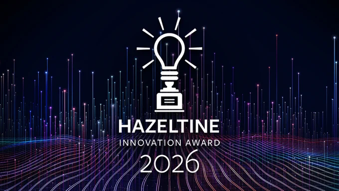 Light bulb with the words Hazeltine Innovation Award 2026 underneath, over dark background