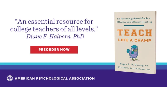 The image features a book promotion for "Teach Like a Champ," highlighted by a quote from Diane F. Halpern, PhD, stating it as an essential resource for college teachers. A preorder button is displayed. The book cover shows a cartoon owl with graduation attire. The American Psychological Association logo is at the bottom.