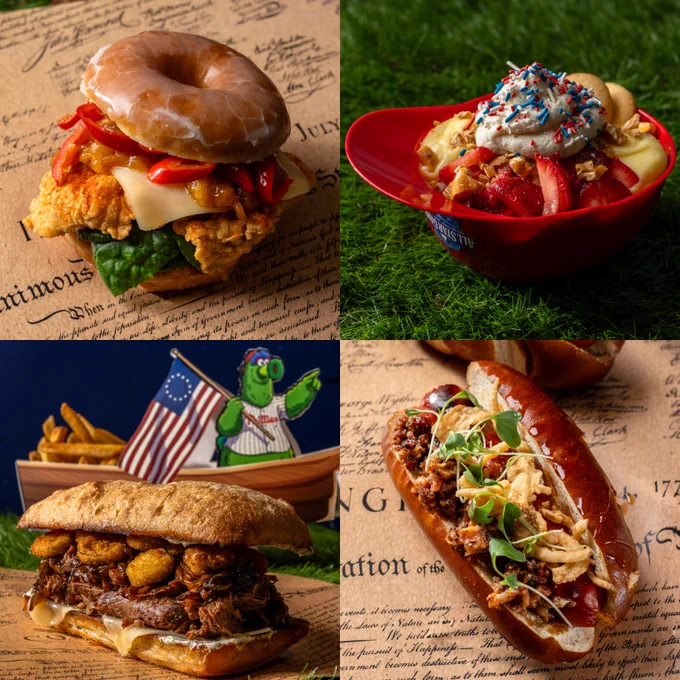 Top left photo: A chicken sandwich with a donut bun.
Top right photo: Ice cream in a mini red batting helmet.
Bottom left photo: A sandwich filled with meat. A cutout of the Phanatic in a boat with an American flag is in the background. 
Bottom right photo: A hot dog with toppings on a pretzel bun.