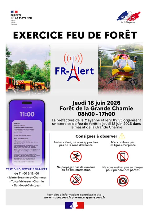 Affiche "Exercice Feu de forêt" le 18 juin 2026 dans la forêt de la Grande Charnie de 8 à 17h