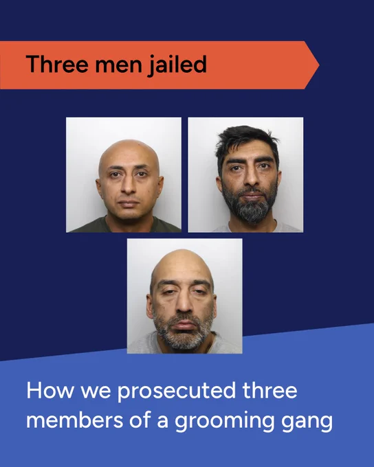 Mugshots of three men jailed for grooming offences, with text stating 'Three men jailed' and 'How we prosecuted three members of a grooming gang'.