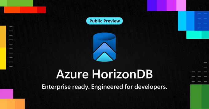 Azure HorizonDB logo with the text "Public Preview" above and the tagline "Enterprise ready. Engineered for developers" below, displayed on a black background with colorful geometric accents.