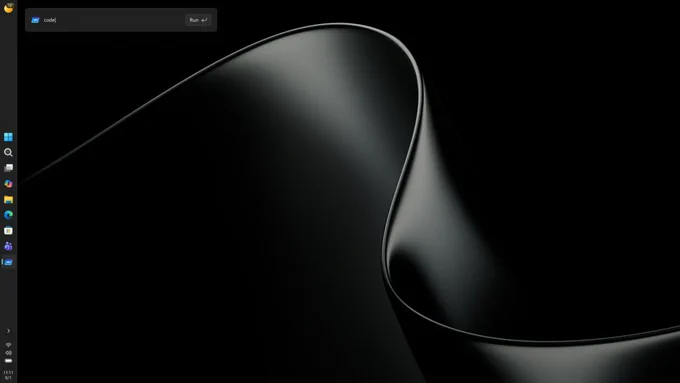 Dark-themed Windows desktop screen featuring a sleek, abstract black ribbon-like wave design on a black background. A vertical taskbar runs along the left side with standard Windows icons such as Start, Search, File Explorer, Edge, and Microsoft Store. A small floating “Code” panel appears near the top left with a “Run” button, suggesting a development or coding environment.