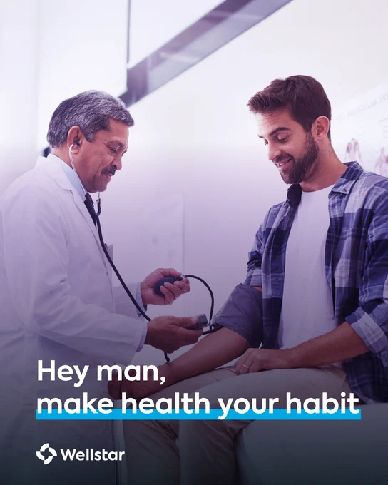 A clinician takes a man's blood pressure. The text reads: \"Hey man, make health your habit\"