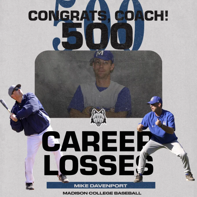 Madison College baseball coach Mike Davenport is featured with a silly headshot and two action poses as he is celebrated for reaching 500 career losses.