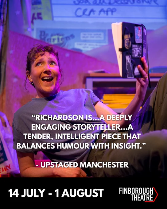 A photo of Liz Richardson on stage with a five star review overlaid, the Finborough logo and the dates 14 July - 1 August.