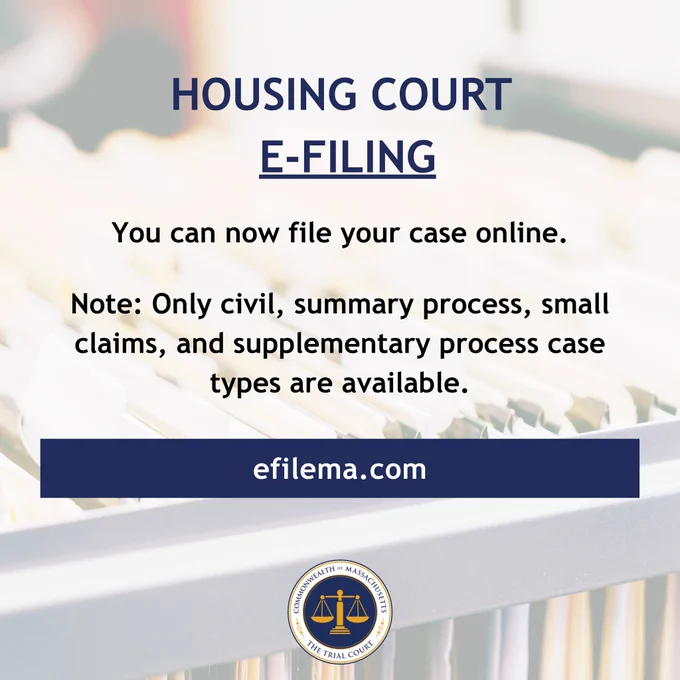 Housing Court e-filing allows online submission for civil, summary process, small claims, and supplementary cases at efilema.com.