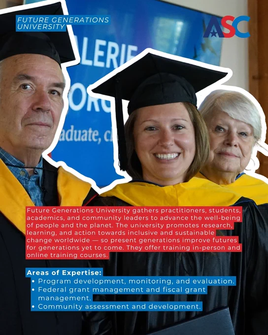 Three people in graduation attire stand in front of a blue banner with the text "Future Generations University" and "ASC." The image includes a caption detailing the university's mission in education, research, and sustainable development, and lists areas of expertise such as project development and grant management.